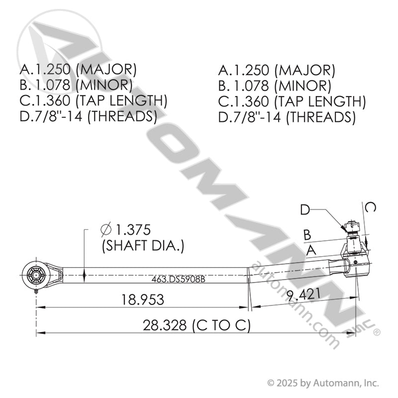 463.DS5908B - Drag Link 28.375in C to C Kenworth (12C)