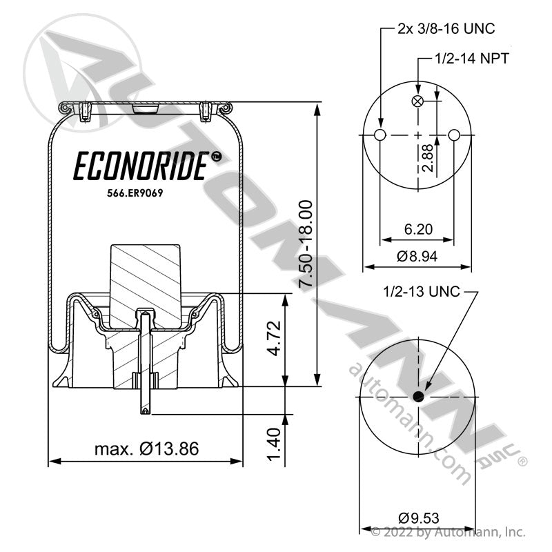 WA01-9069C Rolling Lobe Air Spring with Aluminum Base (Peterbilt) (TRA3)