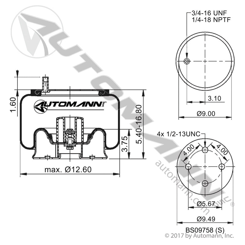 WA01-9270C Rolling Lobe Air Spring with Aluminum Base (Hendrickson Trailer) (TRA4)
