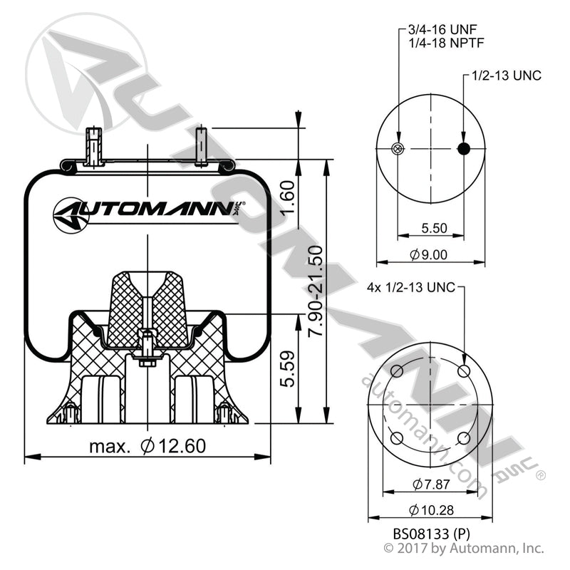 WA01-9082C Rolling Lobe Air Spring with Aluminum Base (Hendrickson Trailer, Hutch, Kelderman, Kwik-Loc, Reyco Granning, Ridewell, SAF Holland/Neway, Watson and Chalin) (TRA3)