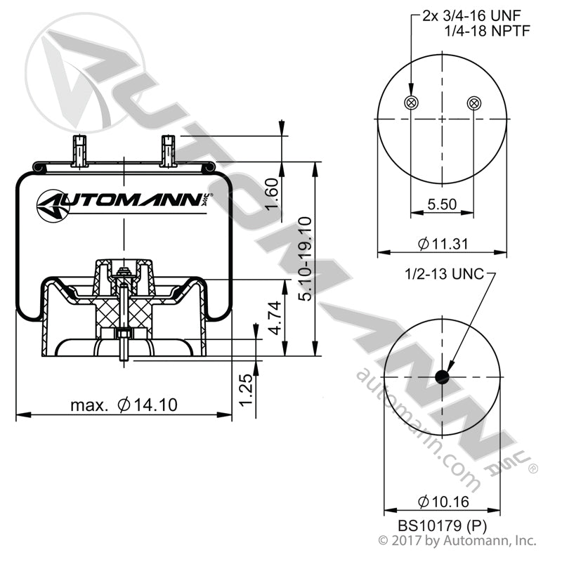 WA01-R171 Rolling lobe Air Spring (Hendrickson Trailer, Meritor, Ridewell) (TRA4)