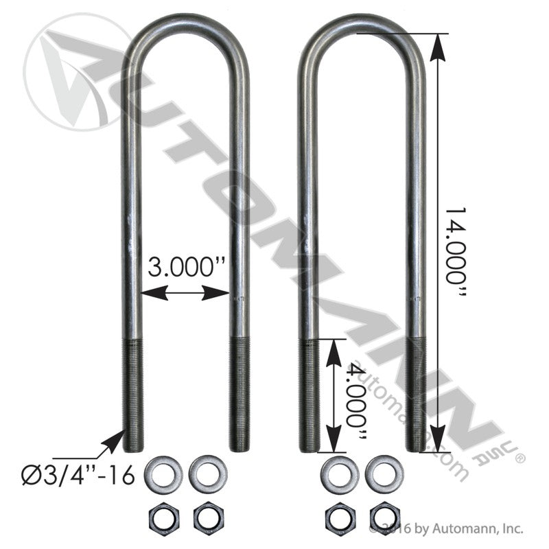 AUBK8151-14 - U Bolt Kit RND 3/4in X 3in X 14in (6D)