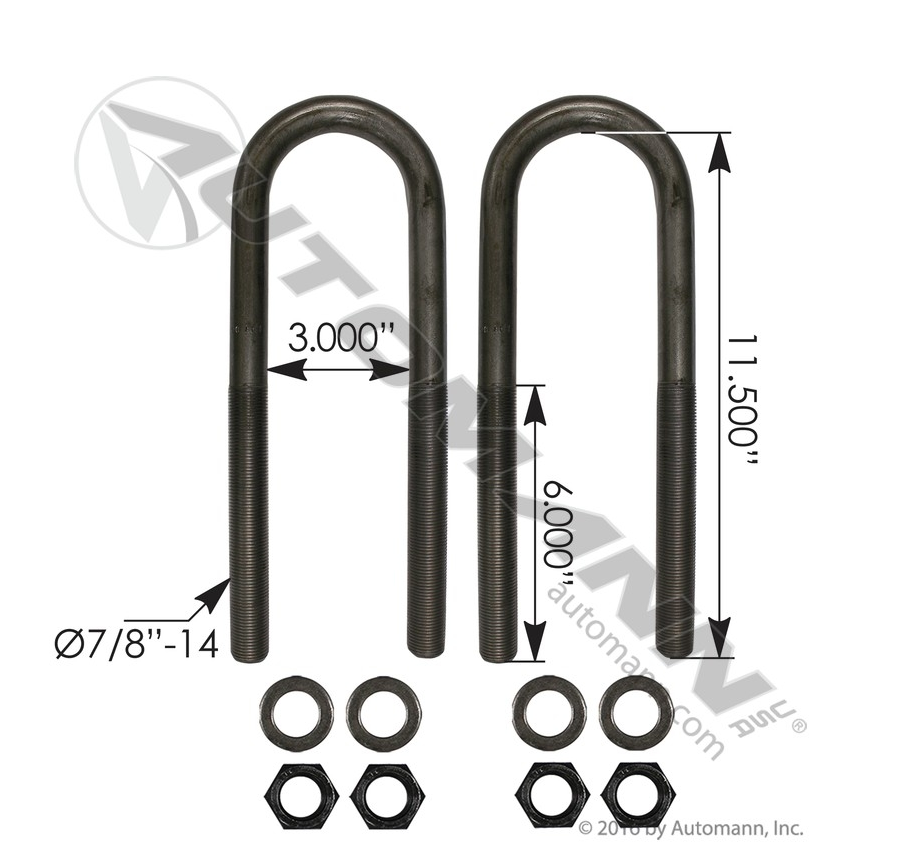 AUBK8161-114 - U Bolt Kit RND 7/8in X 3in X 11-1/2in