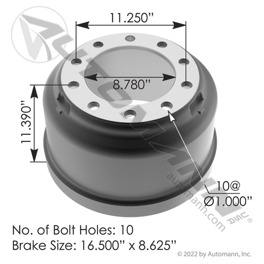 151.68607BA Brake Drum 16.500in X 8.625in (CONTAINER) CALIFORNIA 3807