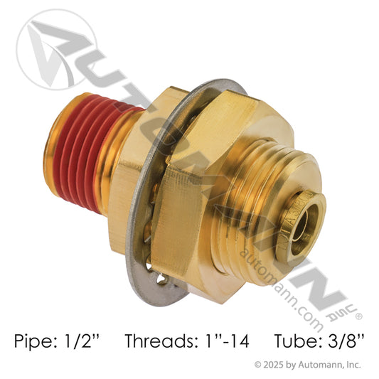 177.13B68BH6D - Brass Bulkhead 3/8in PLC x 1/2in NPT(PASA CHASIS) (T5)
