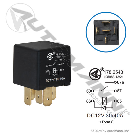 178.2543 - Relay Mini - 5 Pin 12V 40/30A SPDT Diode(T3)