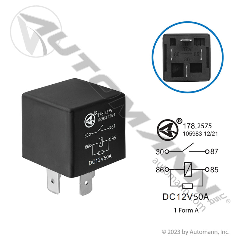 178.2575 - Relay ISO Mini - 4 Pin 12V 50A SPST Rstr (T2)