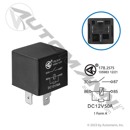 178.2575 - Relay ISO Mini - 4 Pin 12V 50A SPST Rstr (T2)