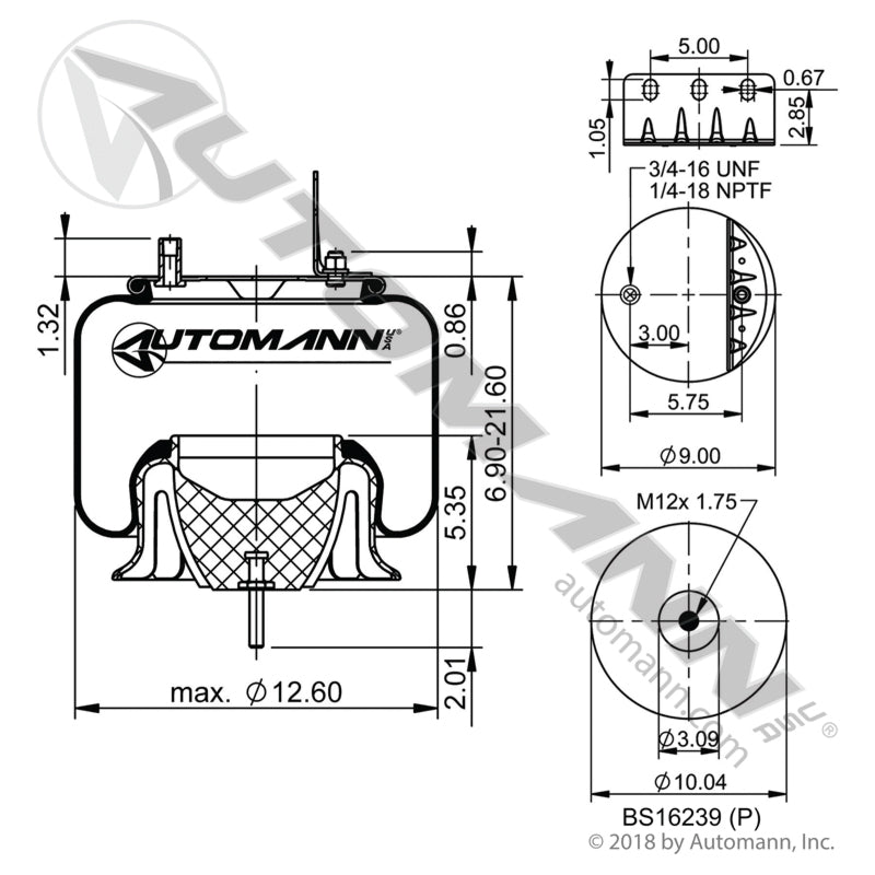 WA01-9648C Rolling Lobe Air Spring with Aluminum Base (International) (TRA3)