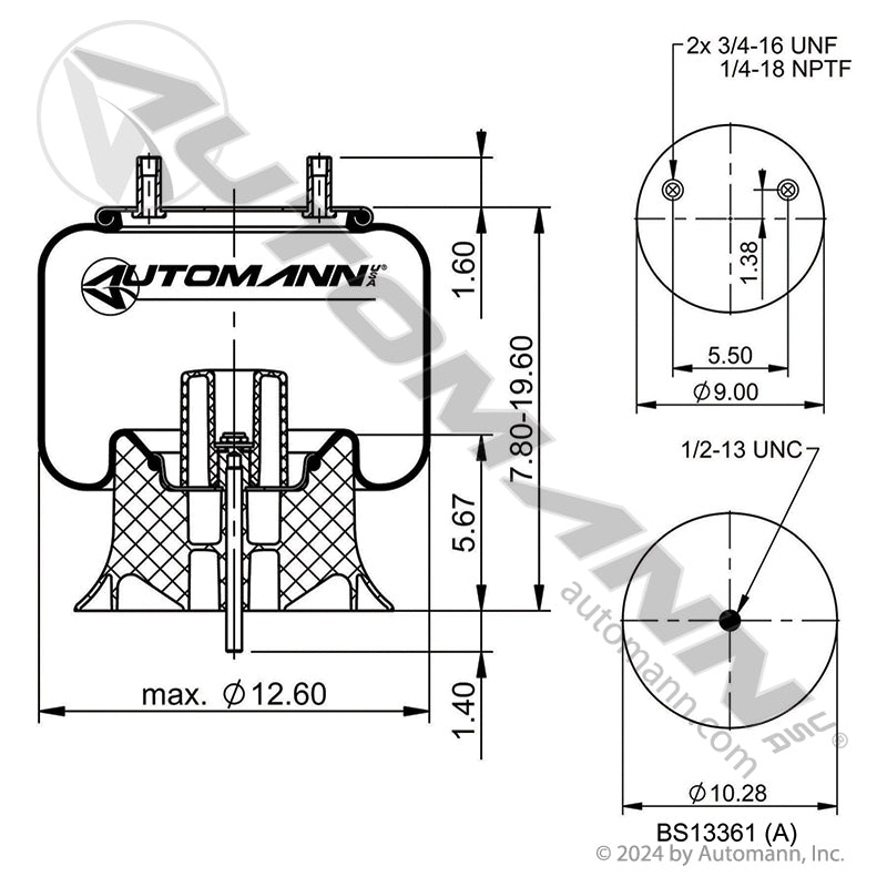 WA01-9978C Rolling Lobe Air Spring with 9" Dia Top Plate(Hendrickson Trailer)