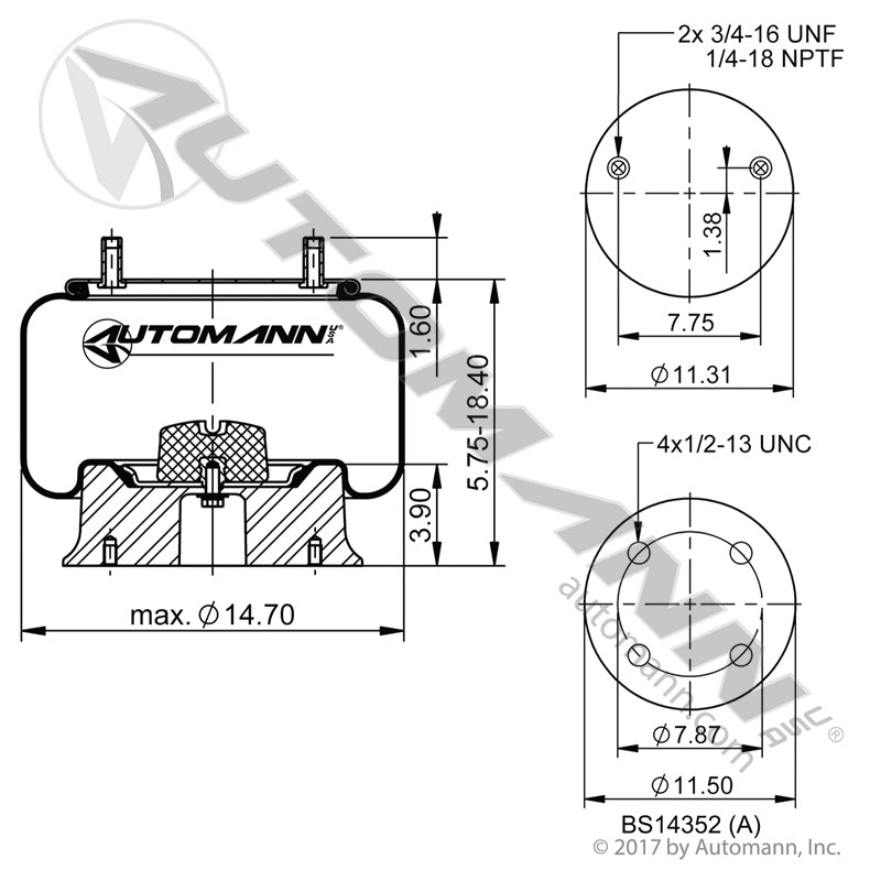 WA01-8050C Rolling Lobe Air Spring with Aluminum Base(Hendrickson Aux, Hendrickson Trailer, Reyco Granning, Watson and Chalin, Ridewell) (TRA3)