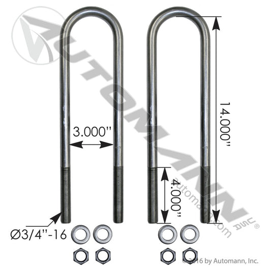 AUBK8151-14 - U Bolt Kit RND 3/4in X 3in X 14in (6D)
