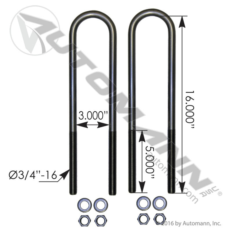 AUBK8151-16 - U Bolt Kit RND 3/4in X 3in X 16in (5C)