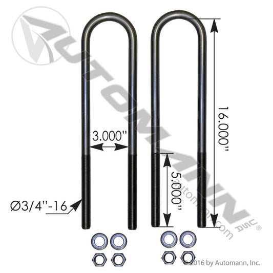 AUBK8151-16 - U Bolt Kit RND 3/4in X 3in X 16in (5C)