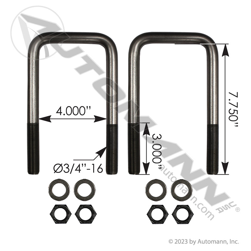 AUBK8254-073 - U Bolt Kit Square 3/4in X 4in X 7-3/4in (5C)