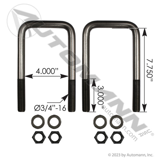 AUBK8254-073 - U Bolt Kit Square 3/4in X 4in X 7-3/4in (5C)