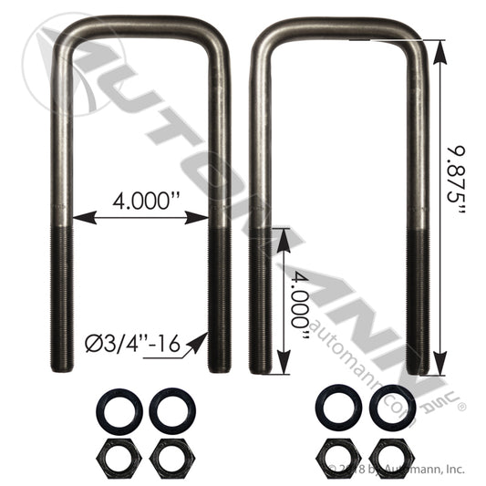 AUBK8254-097 - U Bolt Kit Square 3/4in X 4in X 9-7/8in