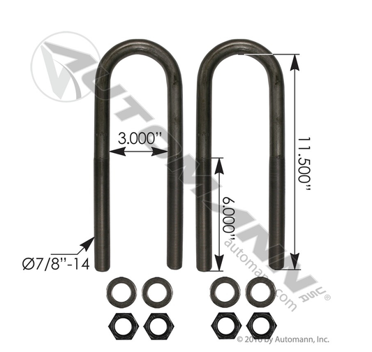 AUBK8161-114 - U Bolt Kit RND 7/8in X 3in X 11-1/2in